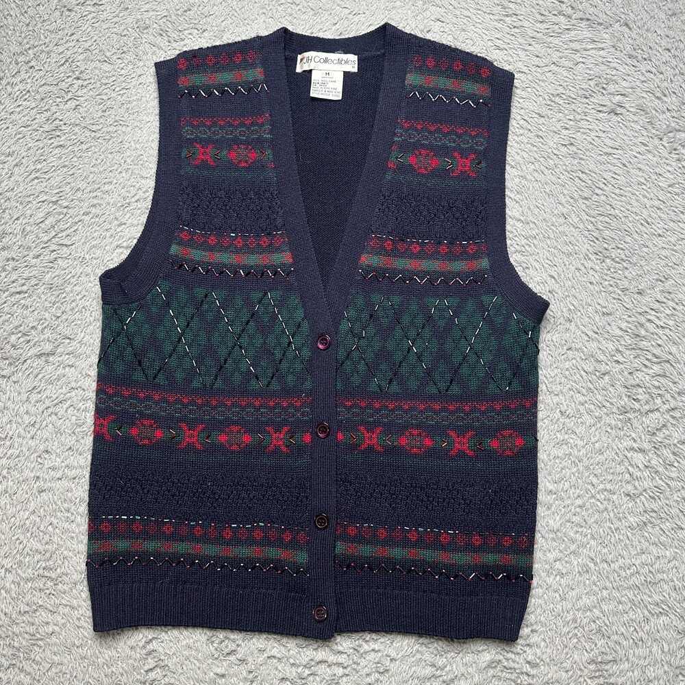 Vintage JH Collections 100% Wool Cardigan Vest Women’s M Blue Nordic Whimsical